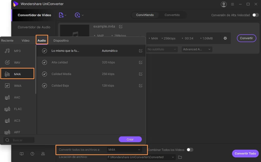 elegir formato de destino